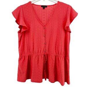 Lane Bryant Coral Eyelet Peplum Top V-Neck Flutter Sleeve Drawstring Waist 18/20